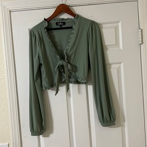 Lulus - Sage Green - Long Sleeve - Cropped - Tie Front